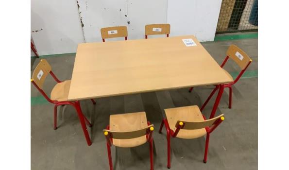 Schooltafel rood 120x80x60 + 6 stsoelen zithoogte 30cm